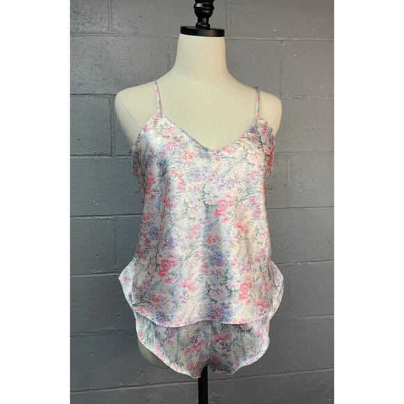 Vintage 80s Two Piece Camisole Flutter Shorts Lingerie Set Pastel Floral Satin - Picture 2 of 10
